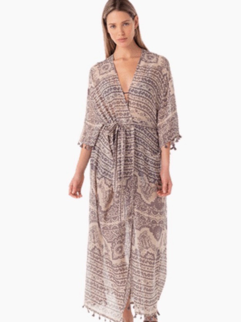 Gentle Fawn Boho Printed Maxi Kimono Cover-Up in Taupe and Navy